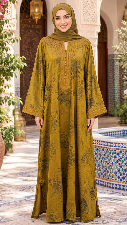 Satin Floral Mustard Moroccan Gandoura