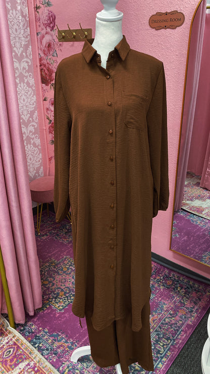 Long Tunic Button Down Pant Suits(Multi Colors)