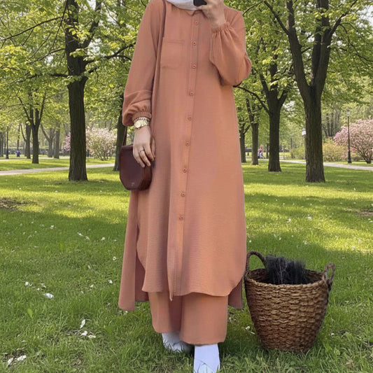 Long Tunic Button Down Pant Suit
