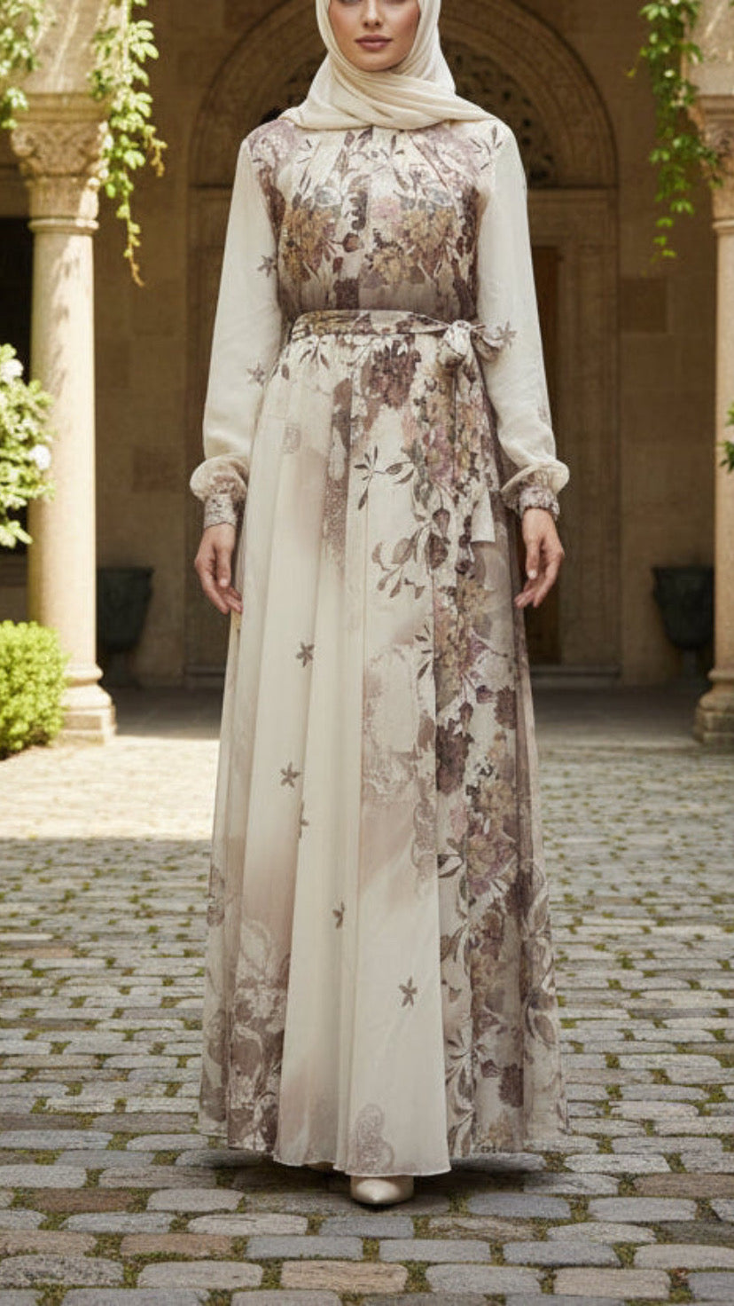 Summer Asymmetrical Brown Floral Chiffon Dress