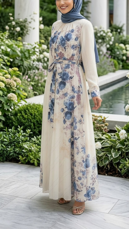 Summer Asymmetrical Blue Floral Chiffon Dress