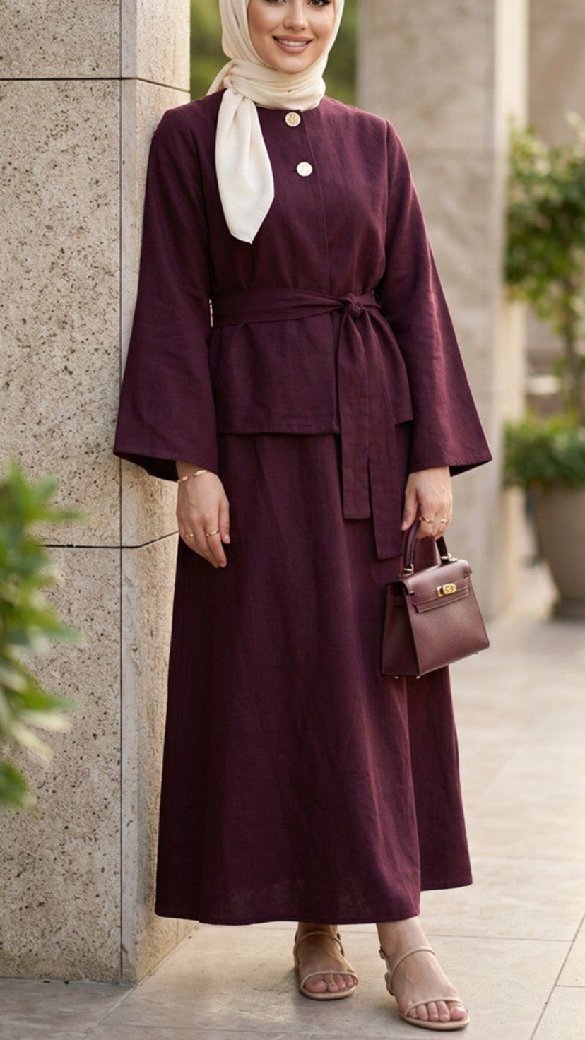Summer Double Button Burgundy Top Belted Skirt Set