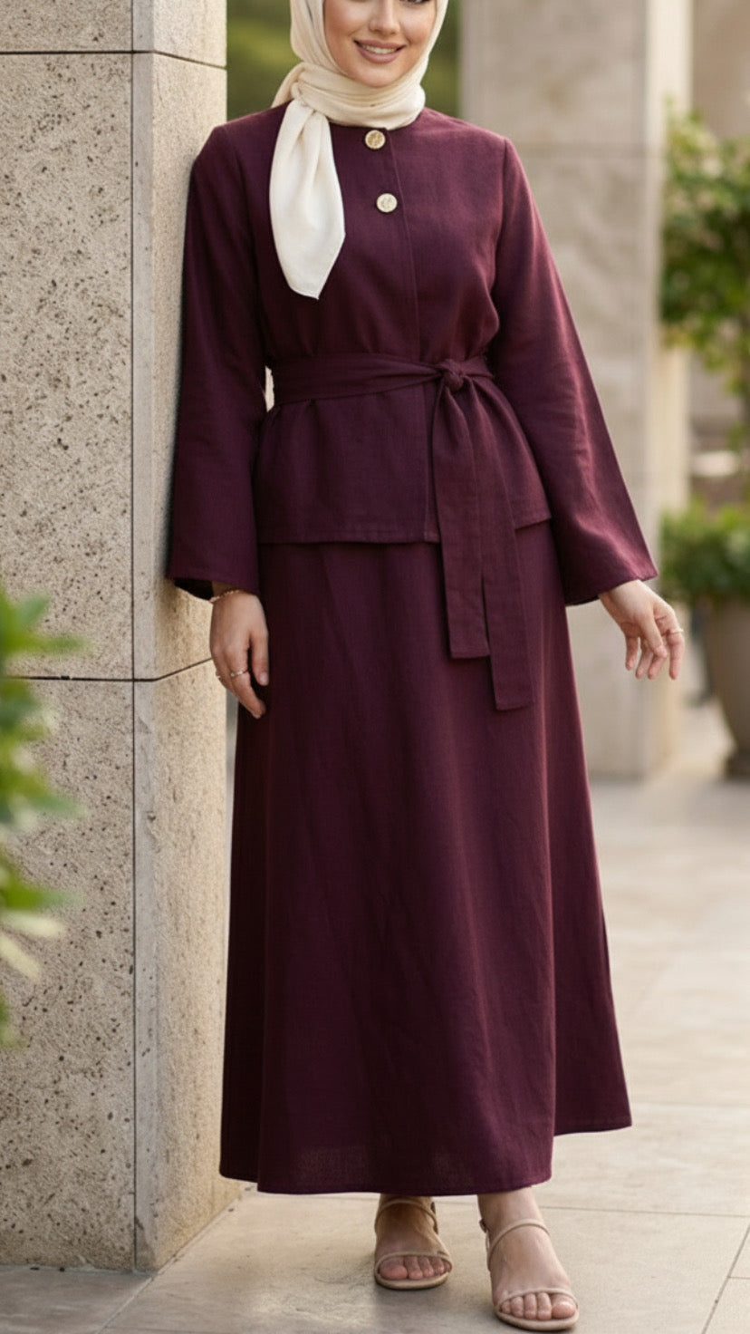 Summer Double Button Burgundy Top Belted Skirt Set
