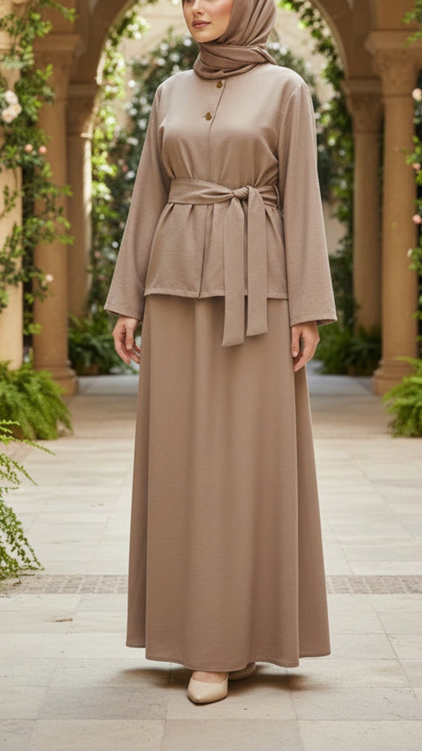 Summer Double Button Top Khaki Belted Skirt Set