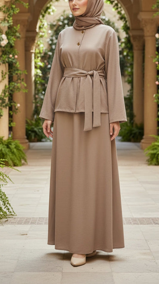 Summer Double Button Top Khaki Belted Skirt Set
