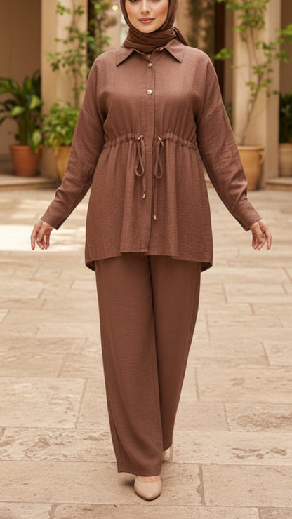 Summer Button-Down Mauve Drawstring Top Pant Suit