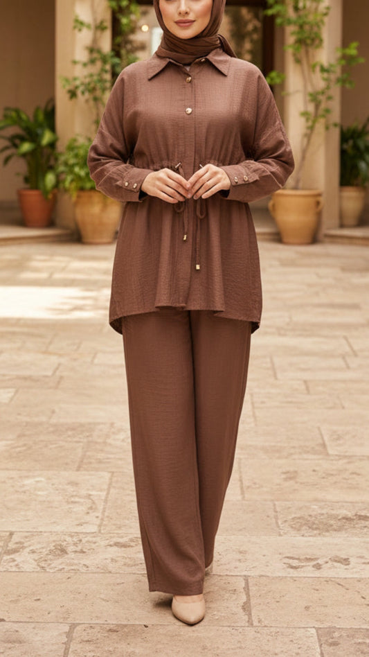 Summer Button-Down Mauve Drawstring Top Pant Suit