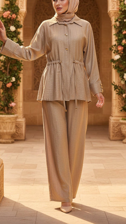 Summer Button-Down Khaki Drawstring Top Pant Suit