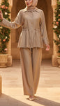 Summer Button-Down Khaki Drawstring Top Pant Suit