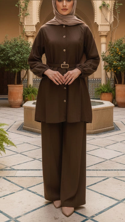 Summer Button-Down Brown Belted Pant Suit