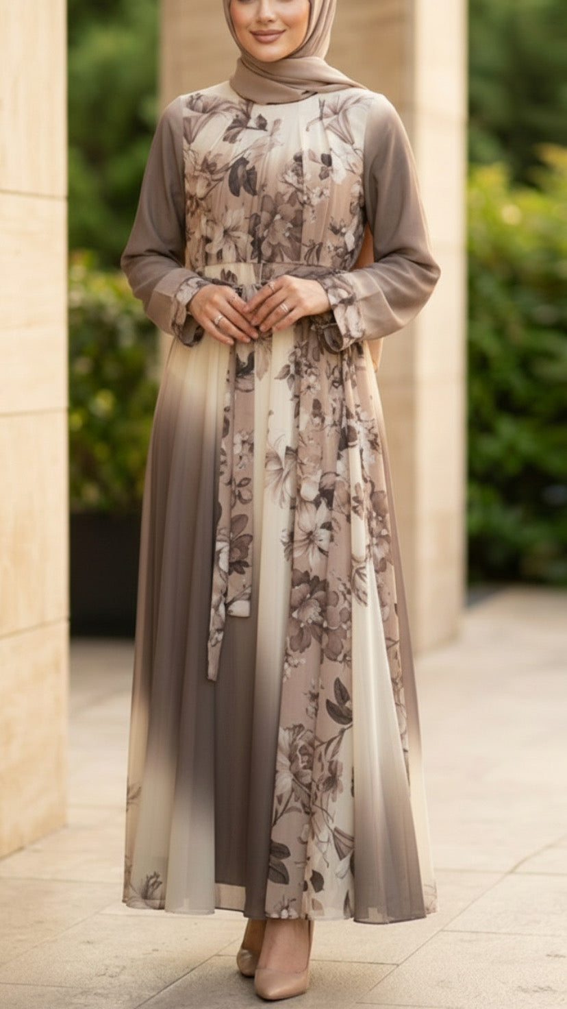 Summer Asymmetrical Gray Floral Ombré Chiffon Dress