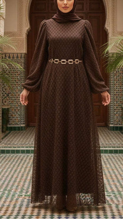 Summer Brown Textured Chiffon Dress with Belt