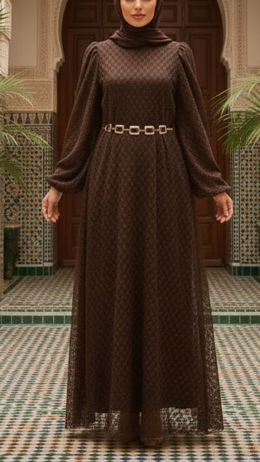 Summer Brown Textured Chiffon Dress with Belt