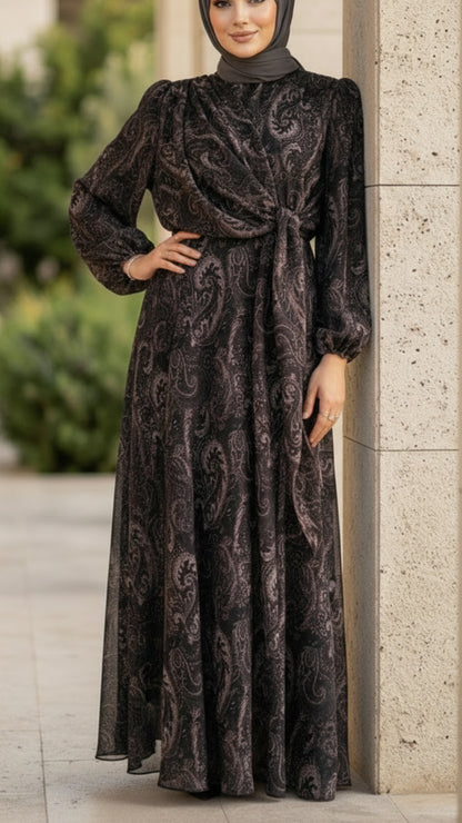 Asymmetrical Paisley Wrap Tie Black Chiffon Dress