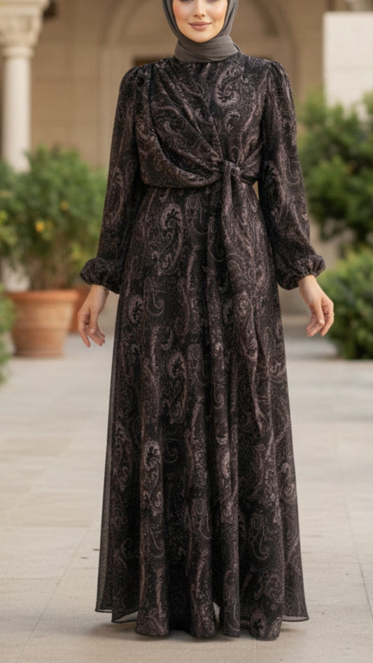 Asymmetrical Paisley Wrap Tie Chiffon Dress