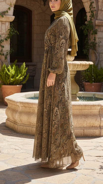 Asymmetrical Paisley Wrap Tie Green Chiffon Dress
