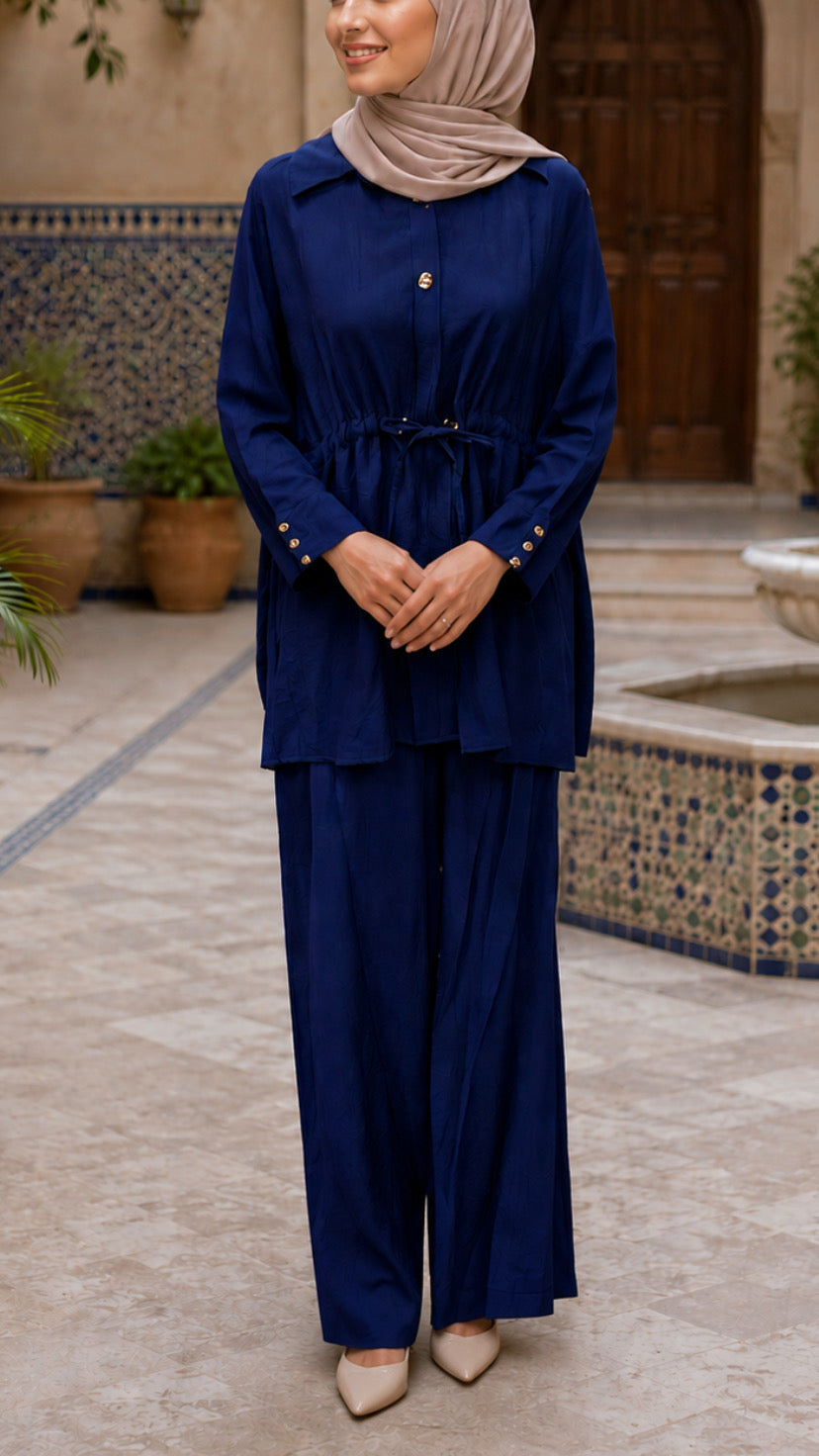 Summer Button-Down Blue  Drawstring Top Pant Suit