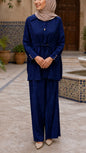 Summer Button-Down Blue  Drawstring Top Pant Suit