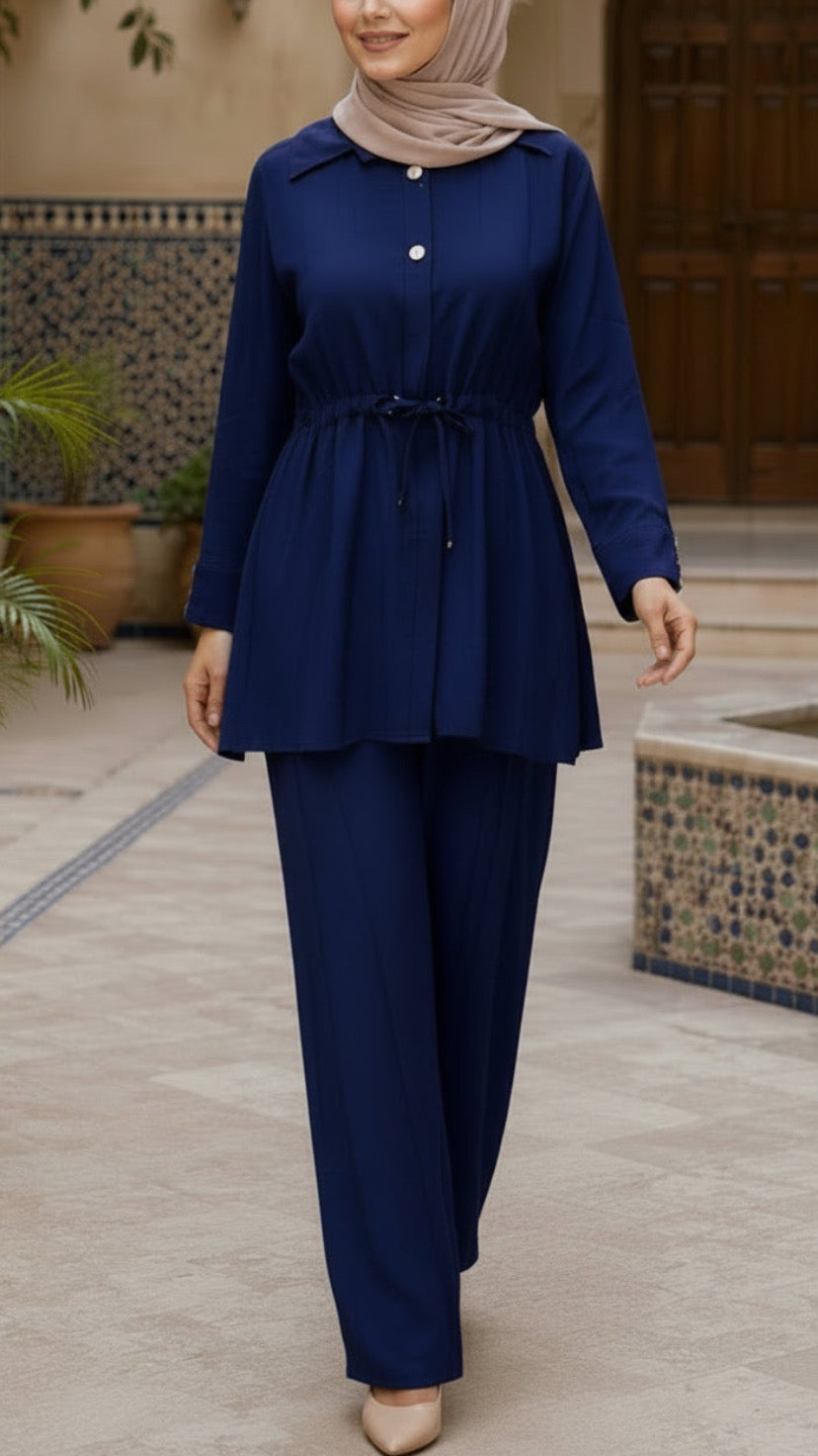 Summer Button-Down Blue  Drawstring Top Pant Suit