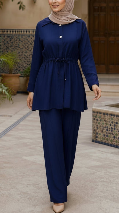 Summer Button-Down Blue  Drawstring Top Pant Suit