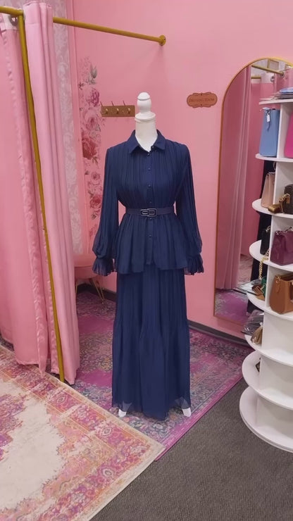Turkish Style Chiffon Button Down Pleated Skirt Set