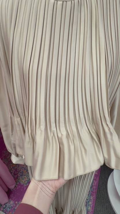Pleated Satin Ruffle Top Beige Dress