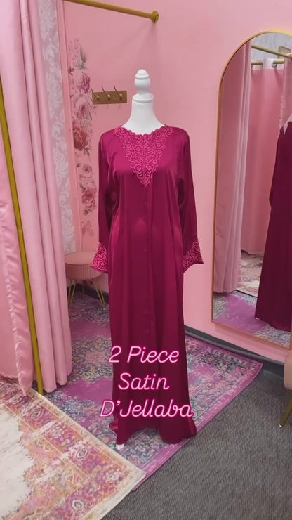 Traditional Moroccan Satin 2 Piece Djellaba Floral Embroidery