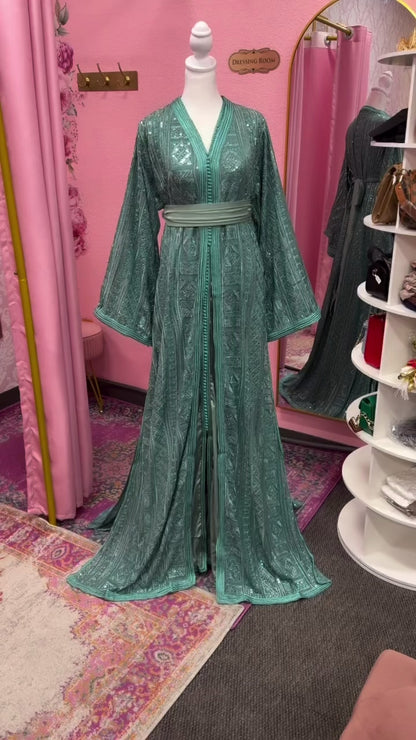 Traditional Teal Embroidered Moroccan Takchita