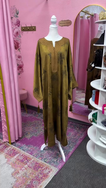 Satin Floral Mustard Moroccan Gandoura