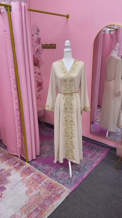 Dubai Style Golden Lace Pearl Embroidery Caftan Abaya Dress