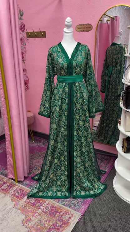 Traditional Emerald Embroidered Moroccan Takchita