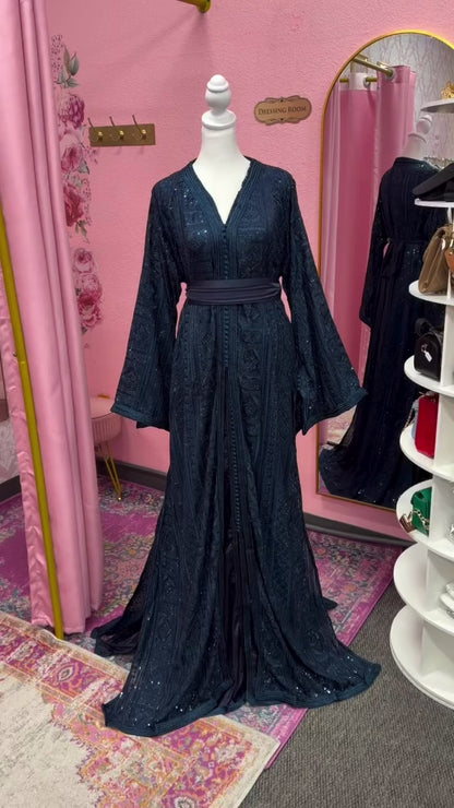 Traditional Midnight Sapphire Embroidered Moroccan Takchita